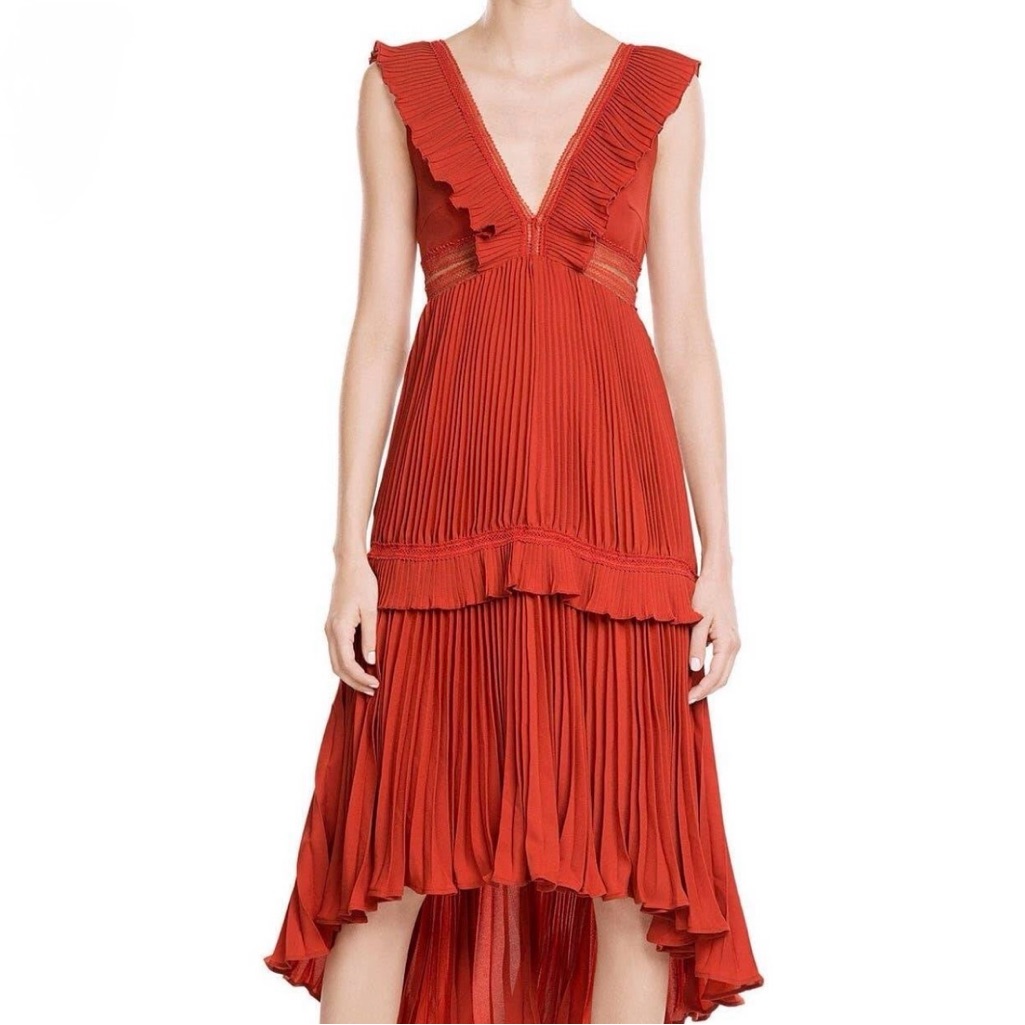Self Portrait Calla Plisse Flounce High Low Dress Rust Terracotta Size 2